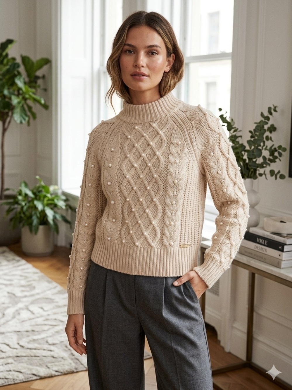 H&M Pearl Embellished Cable Knit Sweater - Size XS EUC WORN ONCE